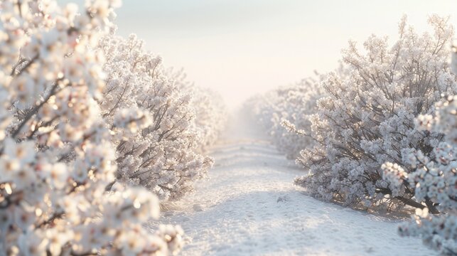 Blooming almond orchard with rows of white blossoms, soft light, and a clear sky, isolated on white background, elegant and serene, AI Generative