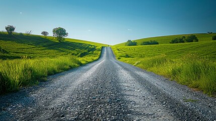 Fototapeta premium Deserted country road, lush green fields, clear blue sky, serene and tranquil, peaceful journey, natural beauty, ideal for relaxation, AI Generative