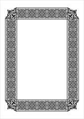 Black monochrome rectangular Vertical Islamic Asian Kazakh national ornament award frame. A4 format. Kazakh pattern frame, border, decorative ornament of the Kazakh, Kyrgyz, Mongol, Tatar, Uzbek. 