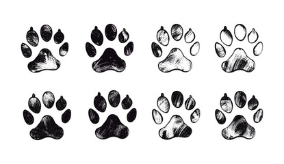 Dog and cat paw prints collection, Hand Drawn Sketch Paw Prints Set, Set of Footprint Icons, Black silhouette of footprints Icons, cute paw print designs, animal tracks illustrations, pet footprint