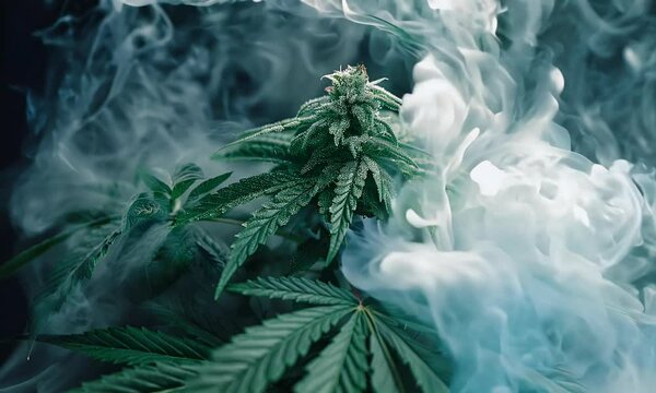 Cannabis-Pflanze mit Rauch im Hintergrund &ndash; Mystische Atmosph&auml;re