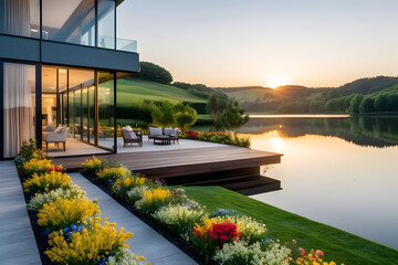 Obraz premium A modern luxury home with beautiful flowers and lake