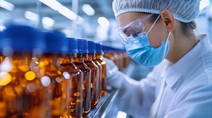 Scientist inspecting amber glass bottles in a pharmaceutical lab, emphasizing safety and precision in a modern production environment.