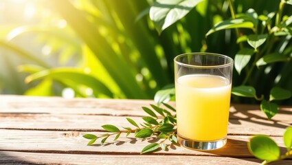 Glass of Orange Juice on Wooen Table with Green Leaves