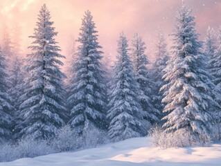 Obraz premium Snow-Covered Pine Forest Under a Pink Sky