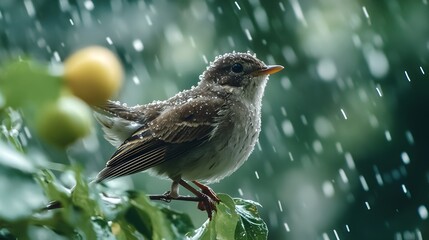 Wet Sparrow Perching on Branch During Rainstorm in Outdoor Nature Scene