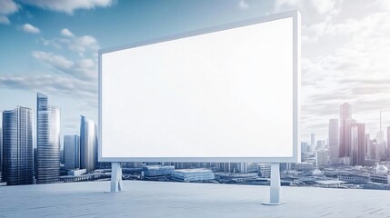 A large blank billboard stands against a modern city skyline, ideal for advertising and promotional designs.