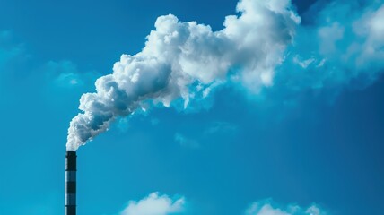 Bright blue sky with smoke billowing from a factory chimney, symbolizing industrial activity and environmental impact.