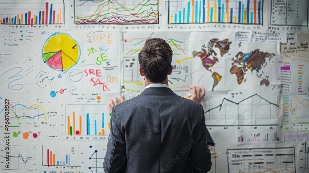 Poster a man is looking at a wall of graphs and charts