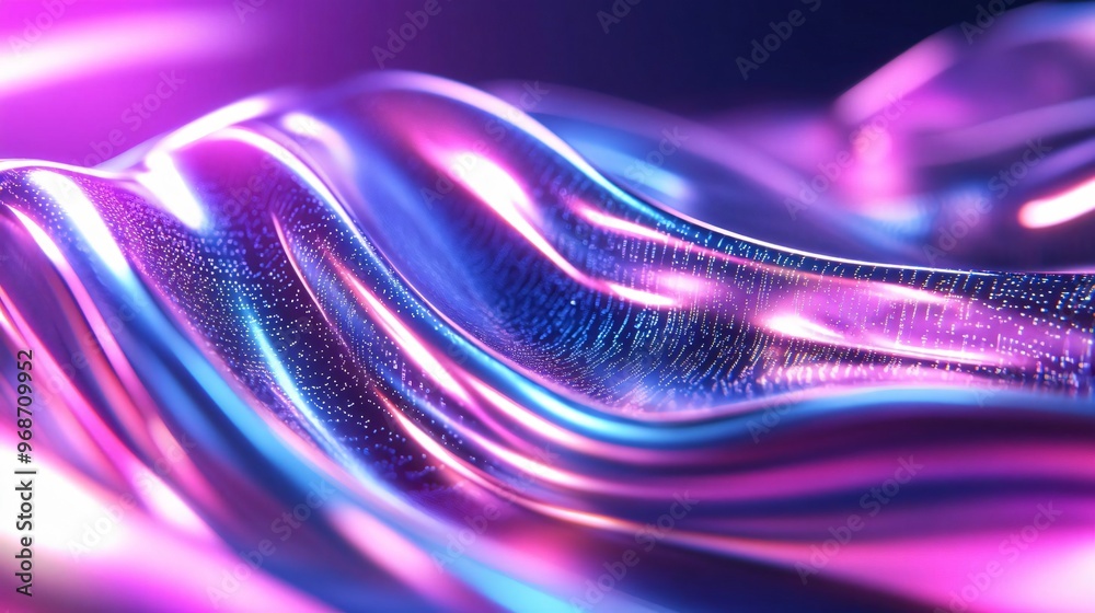 Poster a vibrant and futuristic wave of colorful fabric, reflecting light and creating dynamic patterns. id