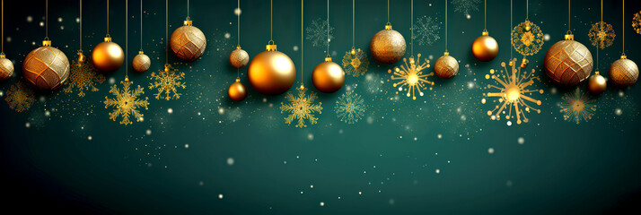 Naklejka premium Christmas and New Year Decorations. Beautiful golden shiny snowflakes and gold balls on a dark green background