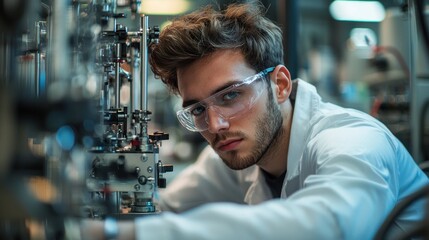 A man in a lab coat is wearing safety goggles and looking at a machine