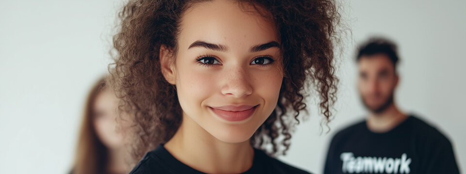 Smiling young woman of mixed ethnicity with curly hair in a group setting, emphasizing teamwork and togetherness.