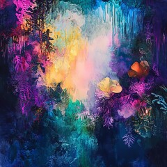 Fototapeta premium Mysterious forest illuminated by magical glowing lights, creating an enchanting and mystical atmosphere of nature's tranquility.