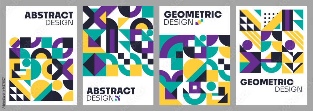 Poster Abstract modern geometric posters with color shapes pattern, vector background templates. Web banners, posters and covers with headers in abstract geometric design of trendy mosaic element pattern