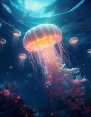 Fototapeta premium A giant jellyfish glowing with vibrant colors, floating through a surreal and serene underwater world.