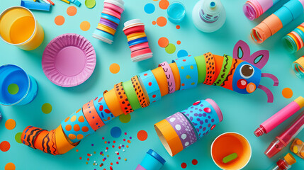 An overhead view of a crafting table with materials for making a paper plate caterpillar, including paper plates, paint, markers, and craft supplies.