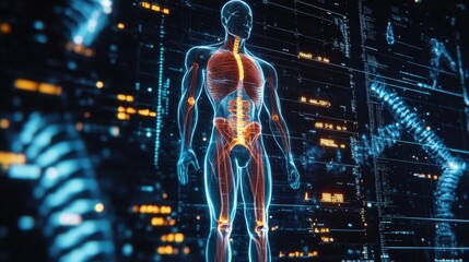 Abstract digital anatomy of the human body, featuring muscle and DNA structure. Concept: futuristic healthcare and medical technology.