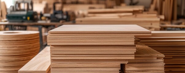 Obraz premium A woodworking shop with stacks of lumber, power saws, and half-finished furniture, illustrating the process of creation and design