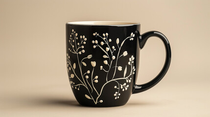 A black coffee mug with hand-painted white botanical illustrations, isolated on a soft ivory background.