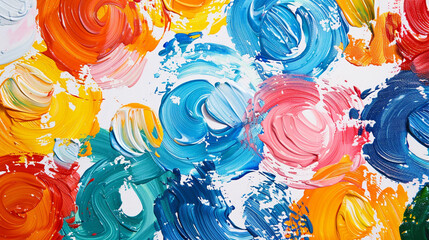 A close-up of a colorful finger painting created by a child, featuring vibrant swirls and abstract patterns in a mix of bright primary colors. 