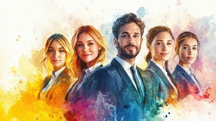 watercolor corporate success scene with a smiling team, personal branding elements, clean copyspace, vibrant and uplifting colors