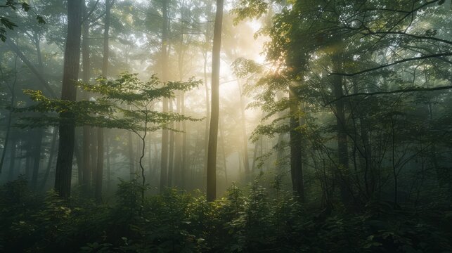 Fototapeta fog drifting through a dense forest during golden hour, with the sunlight filtering through the trees and creating a peaceful and mystical atmosphere, with copy space for text