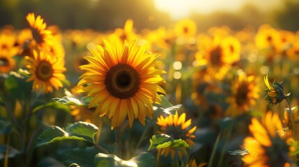 Obraz premium a field of sunflowers, each flower facing the sun, with realistic shadows and depth to convey the vastness of the field