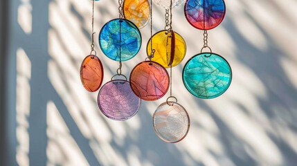 A close-up of a DIY suncatcher made from a collection of colorful, hand-painted glass ornaments arranged in a circular design. 