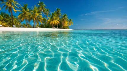 calm, shallow waters of a tropical lagoon, with palm trees and white sand, ideal for a relaxing summer escape