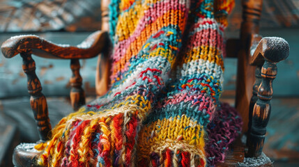 A close-up of a hand-knit scarf draped over a rustic chair. The scarf features a complex pattern with vibrant colors, and the texture of the yarn is clearly visible.