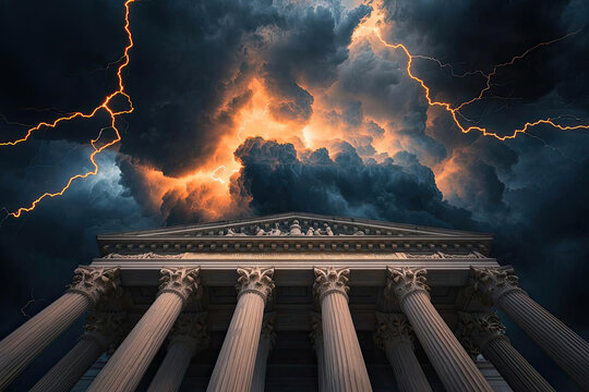 A visual representation of a courthouse under stormy skies, with lightning bolts, symbolizing the turmoil and unpredictability of a legal crisis
