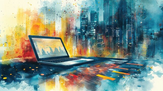 watercolor depiction of business strategy with a laptop, data-driven decision making focus, professional atmosphere, ample copyspace