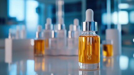 Beauty serum in focus, with glass bottles in the background, representing scientific cosmetic research and skincare innovation.