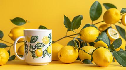 A coffee mug with hand-painted lemons and leaves, isolated on a bright yellow background.