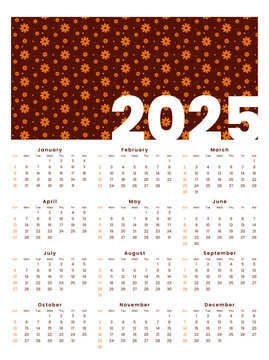 Calendar 2025 starts from Sunday. Minimalist, Clean, Simple and Modern Design. One page Calendar