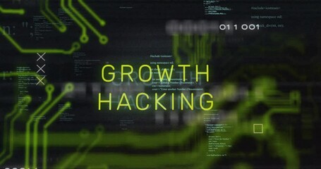 Animation of growth hacking text over data processing - Powered by Adobe