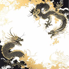 Obraz premium Golden Fury: Two majestic dragons, rendered in intricate detail, entwine in a celestial dance of black and gold, symbolizing power, duality, and the allure of the Far East. 
