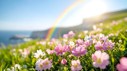 A rainbow appearing over a field of pink flowers symbolic