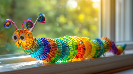 A detailed image of a finished paper plate caterpillar displayed on a sunny windowsill. 