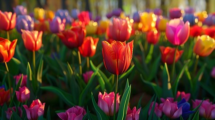 a vibrant garden of tulips, with rows of colorful tulips in different stages of bloom, each flower rendered with realistic shading and highlights