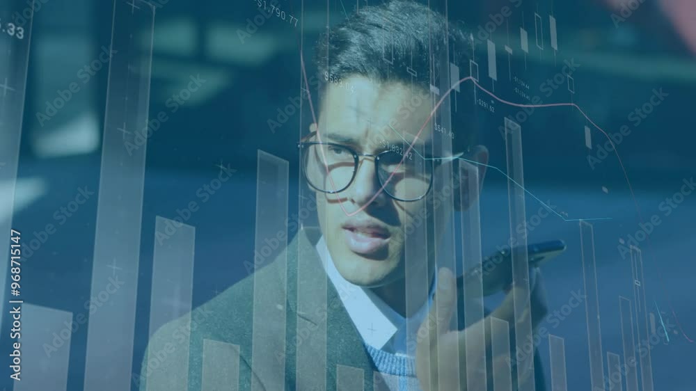 Poster animation of data processing over biracail man using smartphone