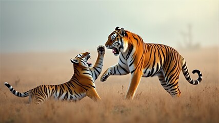 Fototapeta premium two tigers fighting in a field with one being chased by another.