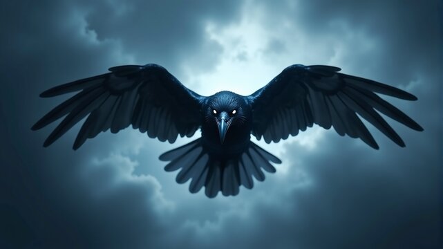 A big black choron with burning eyes in the moonlit night sky