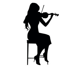 Fototapeta premium a black silhouette of a woman playing the violin. She is sitting on a stool and is holding the bow with both hands