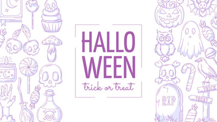 Halloween minimalist banner, horizontal background with spooky, scary icons and holiday text. Flat vector illustration, monochrome purple sides border frame. For festival, party, invitation, poster