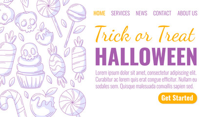 Halloween minimalist landing page vector template. Holiday flat side border frame, purple sweets icons. Candy cane, lollipop, skull shape cherry, cupcake. For website, web page, online, banner, party.