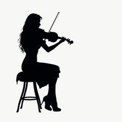 Fototapeta premium a black silhouette of a woman playing the violin. She is sitting on a stool and is holding the bow with both hands
