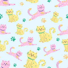 Vector pattern with yellow and pink fairy cats on a blue background