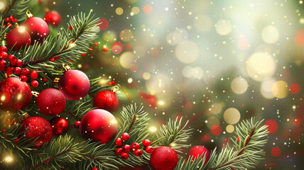 Red christmas baubles on a fir branch, bokeh fairy light, banner, background or greeting card, winter season